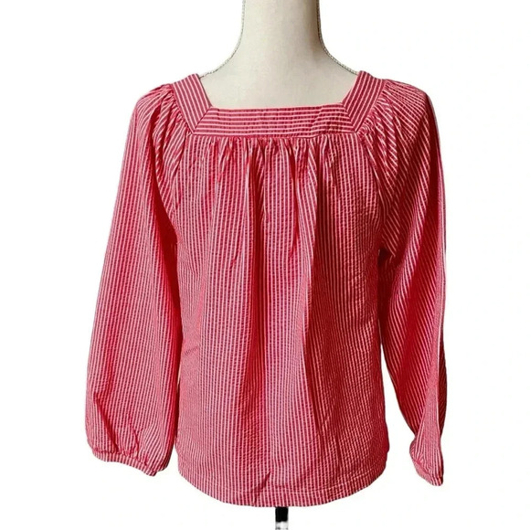 J.Crew Red White Striped Square Neck Seersucker Top Size M | Style AW133 - Picture 11 of 13